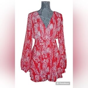 Women's Deep V-Neck Long Sleeve Knot Front Ruffle Hem Floral Romper, Size L